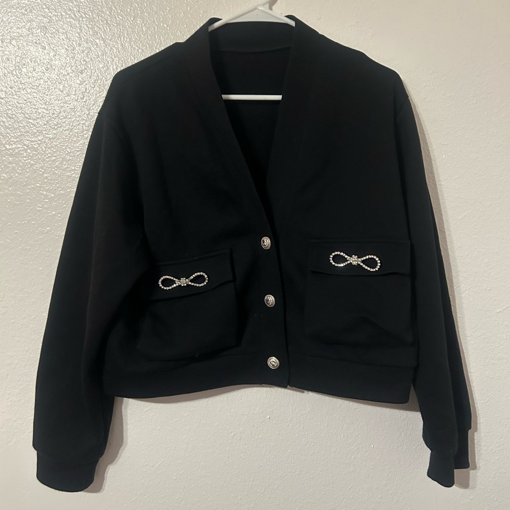 Chicwish Black Women's Cropped Cardigan Jacket with Rhinestone Pocket Accents